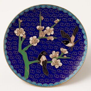 Vintage Cloisonné Chinese Decorative Plate With Birds & Floral Design